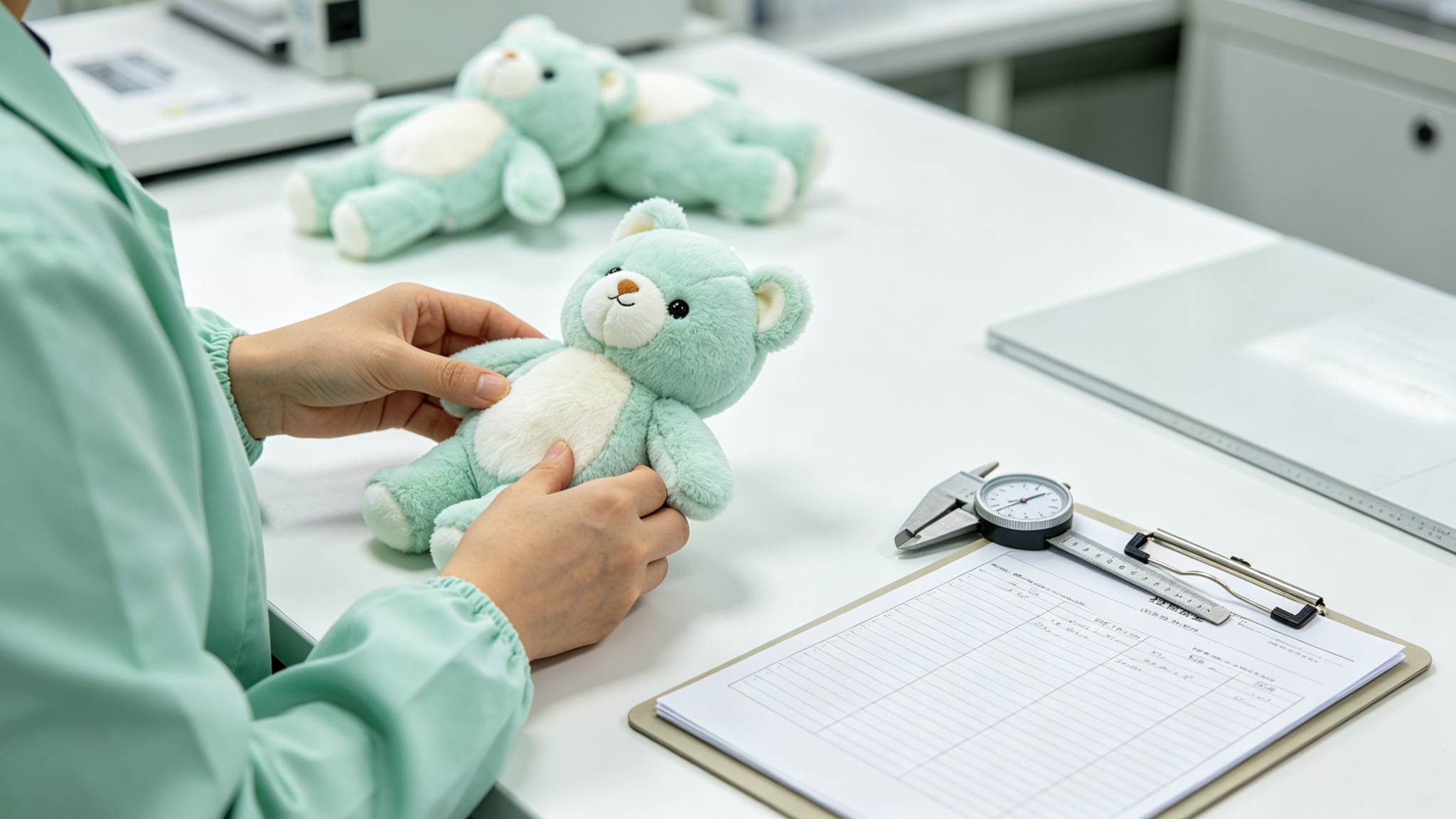 Quality control inspector examining plush toy in factory lab